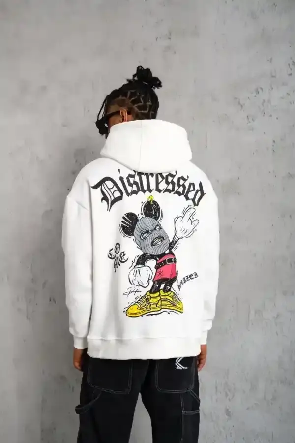 Erkek 3 İplik Pamuklu Kapüşonlu Baskılı Cepli Oversize Sweatshirt Hoodie - Beyaz