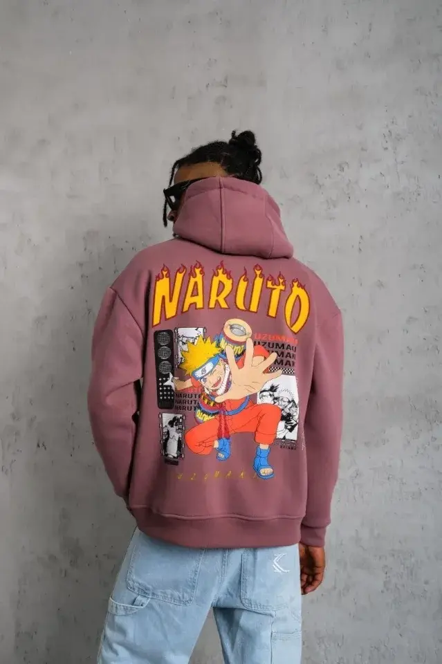 Erkek 3 İplik Pamuklu Kapüşonlu Baskılı Cepli Oversize Sweatshirt Hoodie - Gül Kurusu