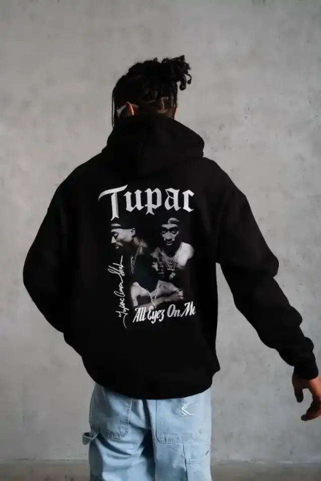 Erkek Kapüşonlu Kanguru Cepli Sweatshirt 3 İplik Pamuklu Baskılı Hoodie - Siyah