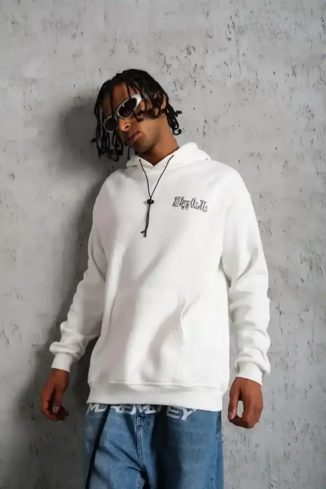 Erkek Kapüşonlu Kanguru Cepli Sweatshirt 3 İplik Pamuklu Baskılı Hoodie - Beyaz