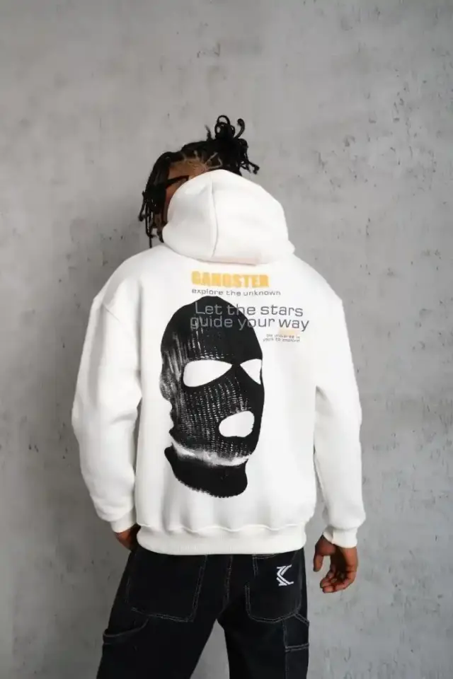 Erkek Maske Baskılı 3 iplik pamuklu Kapüşonlu Sweatshirt hoodie - Beyaz