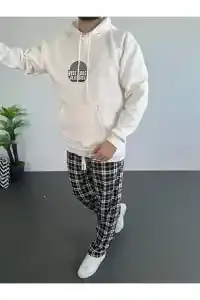 Erkek Kapüşonlu Kanguru Cepli Sweatshirt 3 İplik Pamuklu Baskılı Hoodie - Beyaz