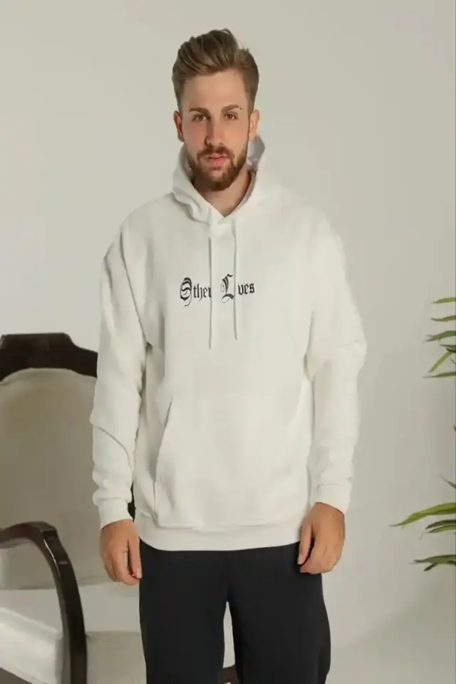 Erkek Kapüşonlu Kanguru Cepli Sweatshirt 3 İplik Pamuklu Baskılı Hoodie - Beyaz