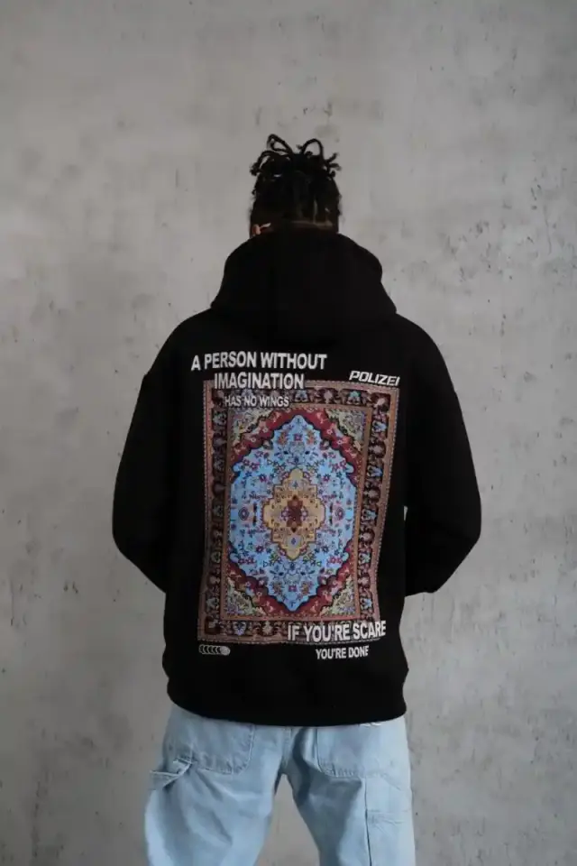 Erkek 3 İplik Pamuklu Kapüşonlu Baskılı Cepli Oversize Sweatshirt Hoodie - Siyah