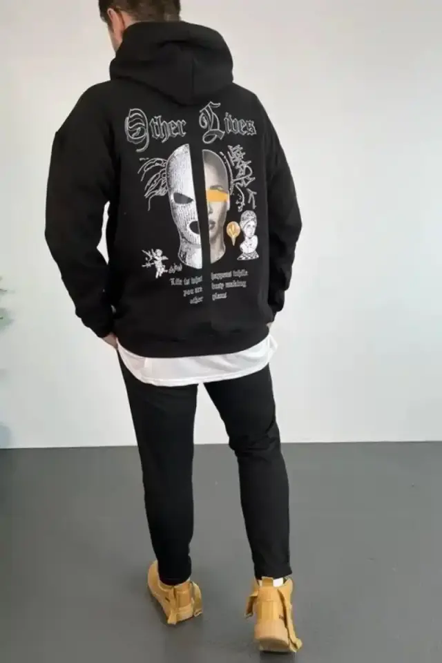 Erkek Kapüşonlu Kanguru Cepli Sweatshirt 3 İplik Pamuklu Baskılı Hoodie - Siyah