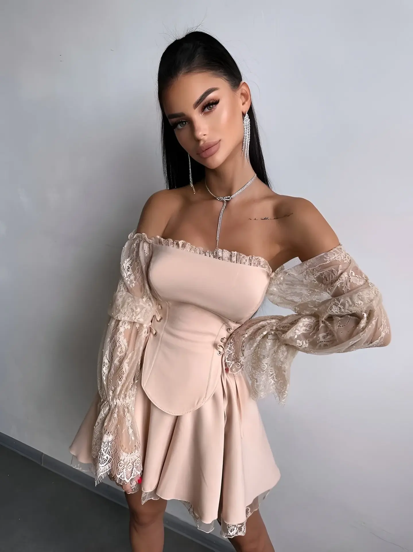 Corset Dantel Detay Elbise Bej