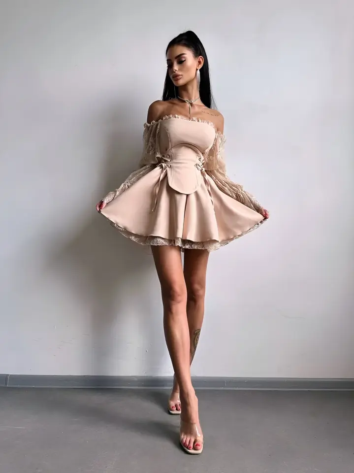 Corset Dantel Detay Elbise Bej