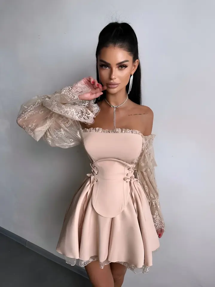 Corset Dantel Detay Elbise Bej