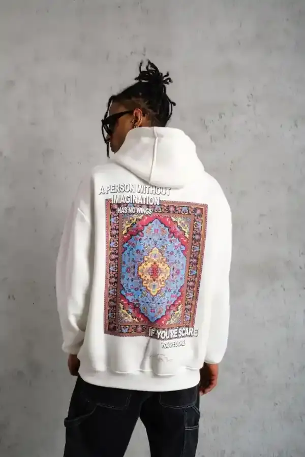Erkek 3 İplik Pamuklu Kapüşonlu Baskılı Cepli Oversize Sweatshirt Hoodie - Beyaz