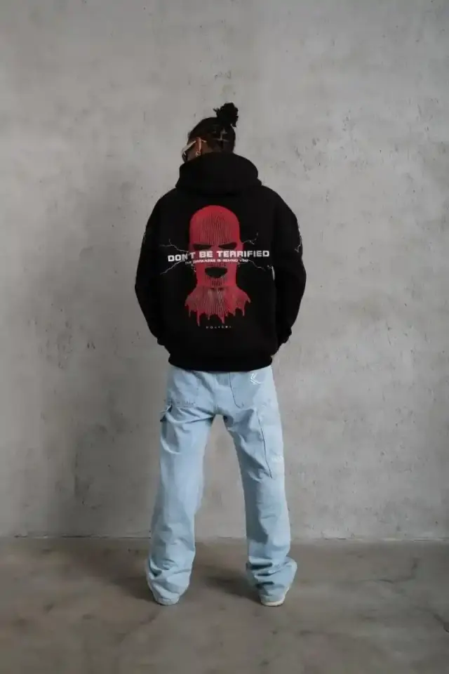Erkek Kapüşonlu Kanguru Cepli Sweatshirt 3 İplik Pamuklu Baskılı Hoodie - Siyah