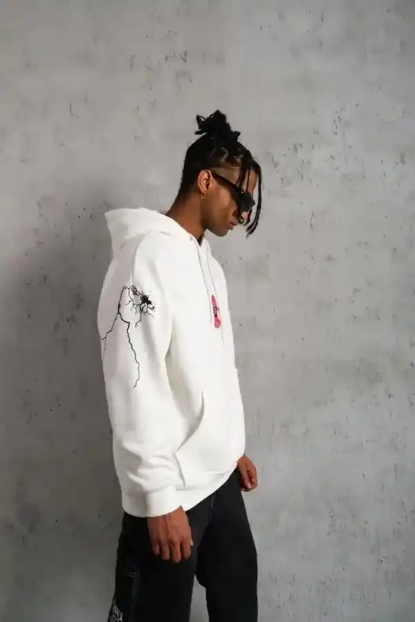 Erkek Kapüşonlu Kanguru Cepli Sweatshirt 3 İplik Pamuklu Baskılı Hoodie -  Beyaz