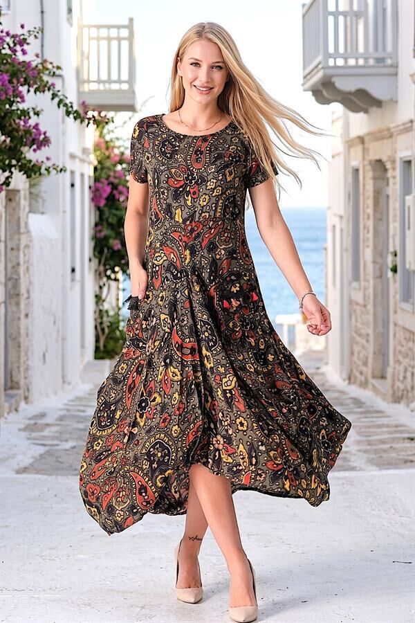 Yeşil Bohem Şal Desen Asimetrik Cepleri Püsküllü Dokuma Elbise