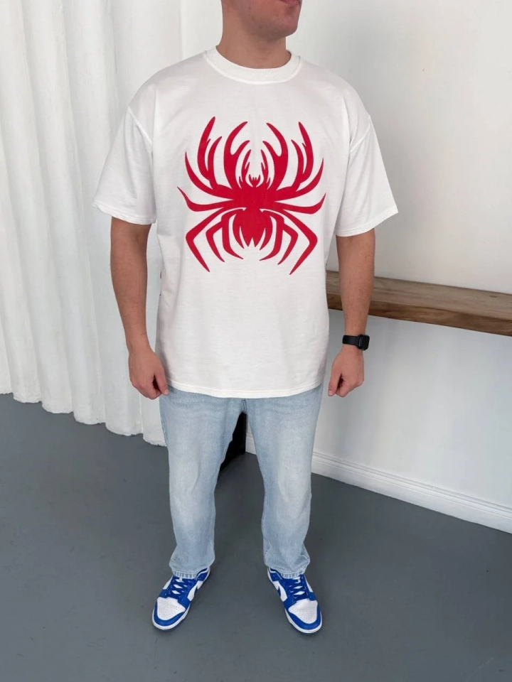 Erkek Örümcek Baskılı Tişört Kısa Kollu Bisiklet Yaka T-Shirt - Beyaz