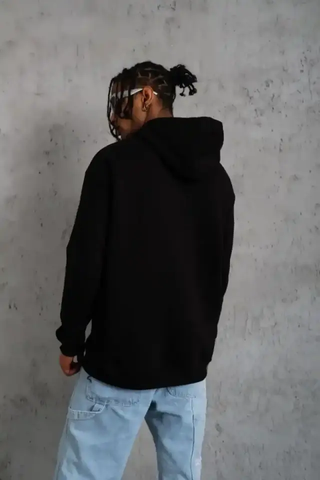 Erkek Kapüşonlu Kanguru Cepli Sweatshirt 3 İplik Pamuklu Baskılı Hoodie - Siyah