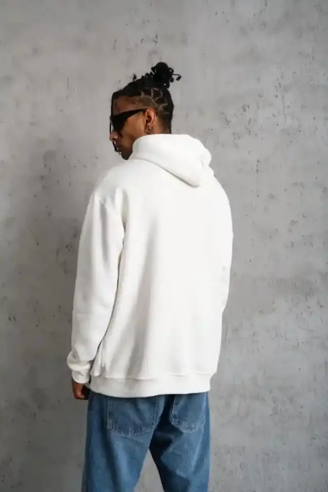 Erkek Kapüşonlu Kanguru Cepli Sweatshirt 3 İplik Pamuklu Baskılı Hoodie - Beyaz