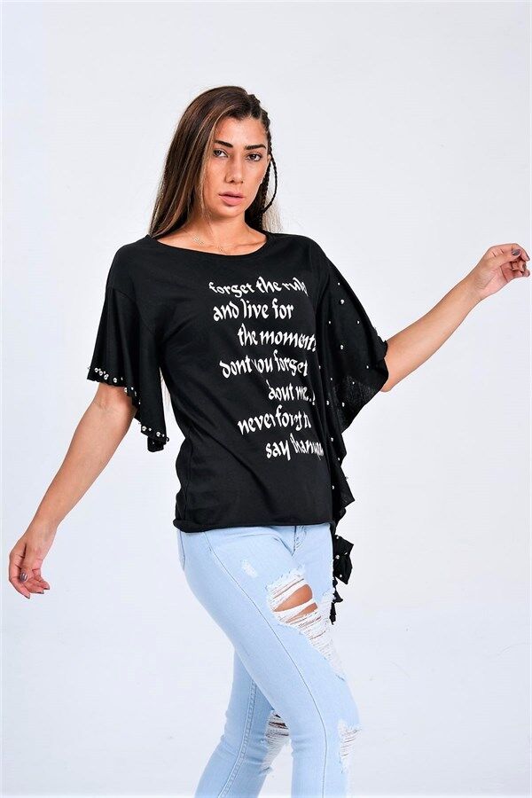 Siyah Yarasa Kollu Yazılı Zımba Detaylı Bağlamalı T-Shirt