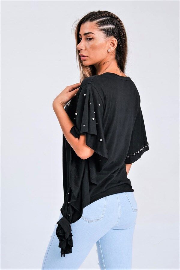 Siyah Yarasa Kollu Yazılı Zımba Detaylı Bağlamalı T-Shirt