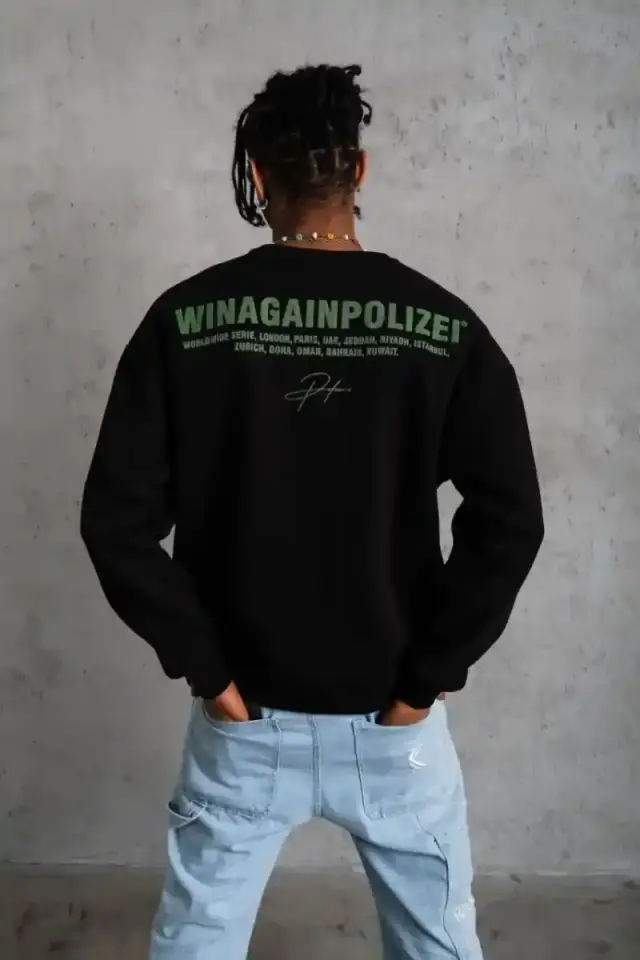 Erkek Oversize Sweatshirt Ön ve Sırt Baskılı 3 İplik Pamuklu - Siyah