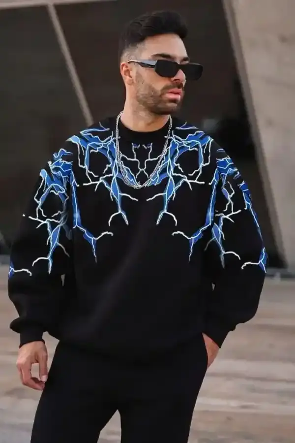 Erkek Yıldırım Baslılı Bisiklet Yaka 3 iplik pamuklu Sweatshirt - Siyah