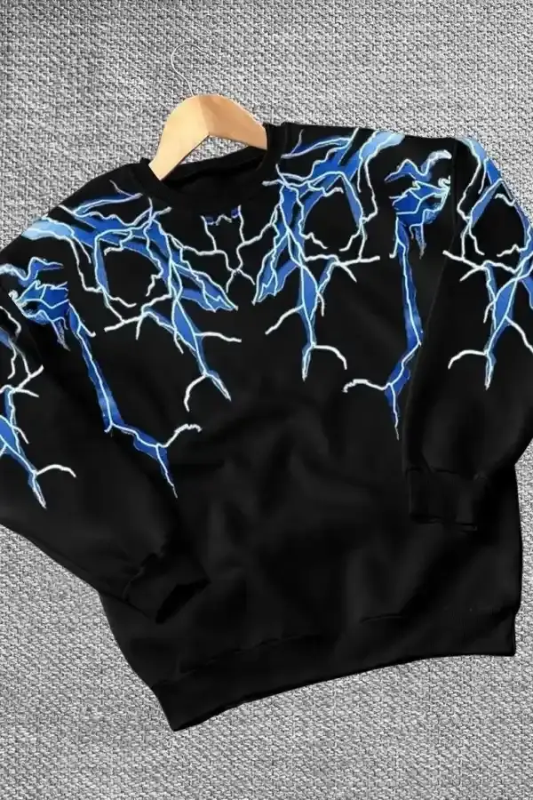 Erkek Yıldırım Baslılı Bisiklet Yaka 3 iplik pamuklu Sweatshirt - Siyah