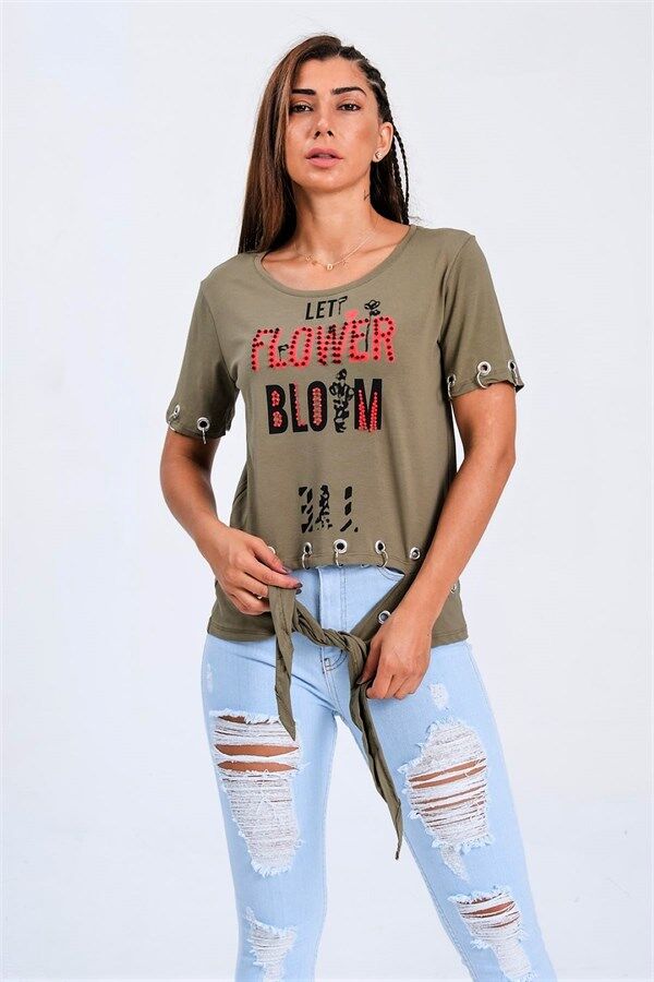 Yeşil Kuş Gözü Detaylı Önden Bağlamalı Yazılı Taşlı T-Shirt
