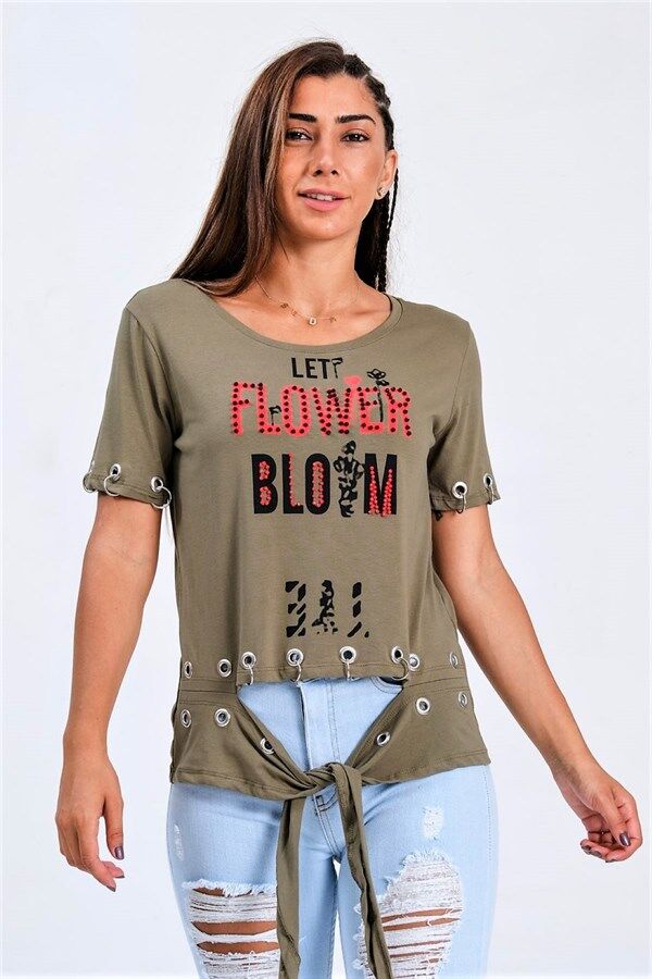 Yeşil Kuş Gözü Detaylı Önden Bağlamalı Yazılı Taşlı T-Shirt