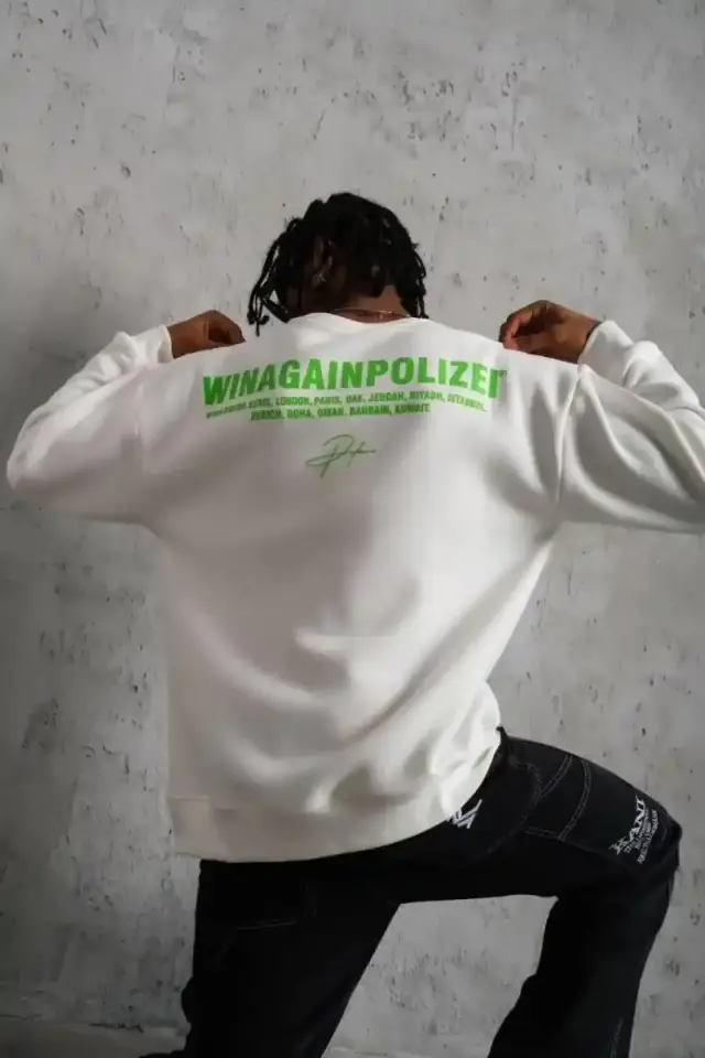 Erkek Oversize Sweatshirt Ön ve Sırt Baskılı 3 İplik Pamuklu - Beyaz