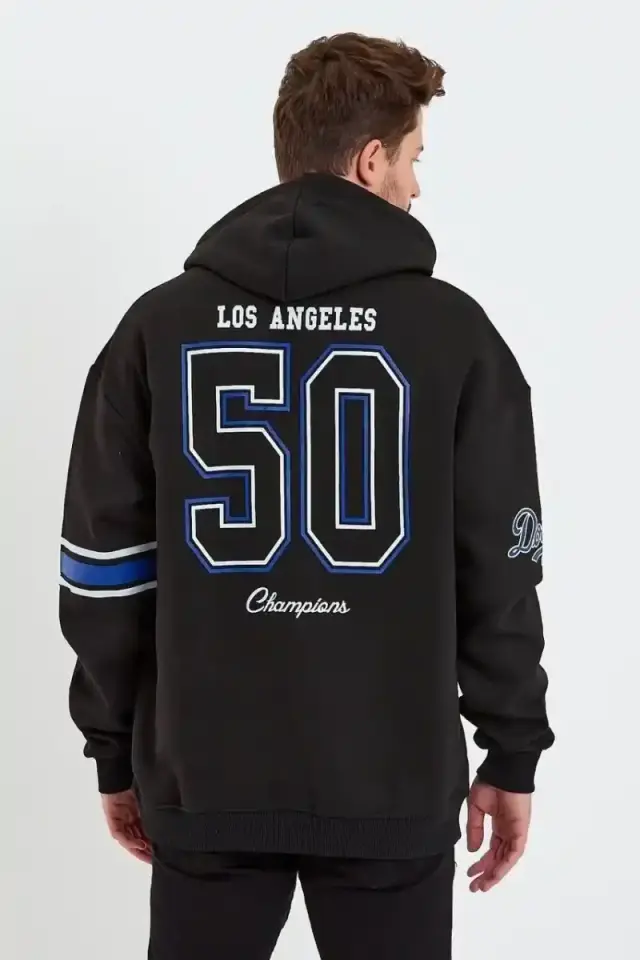 Erkek 3 İplik Pamuklu Kapüşonlu Baskılı Cepli Oversize Sweatshirt Hoodie - Siyah