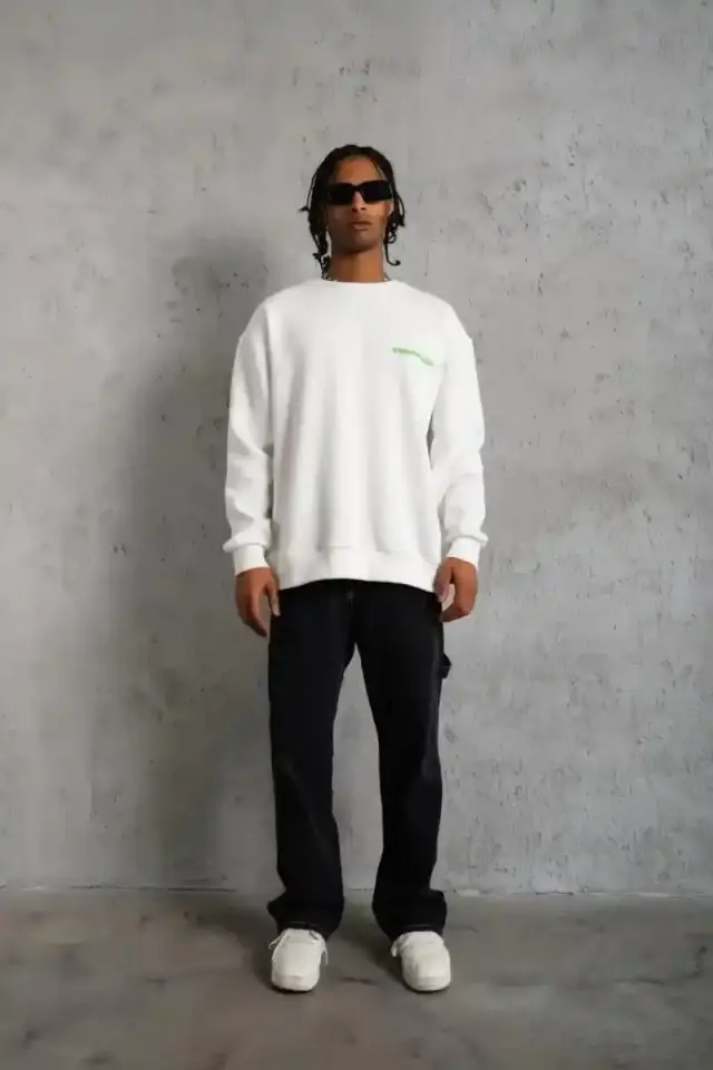 Erkek Oversize Sweatshirt Ön ve Sırt Baskılı 3 İplik Pamuklu - Beyaz