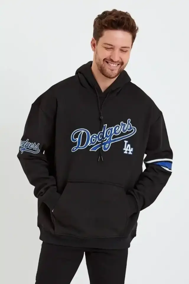 Erkek 3 İplik Pamuklu Kapüşonlu Baskılı Cepli Oversize Sweatshirt Hoodie - Siyah