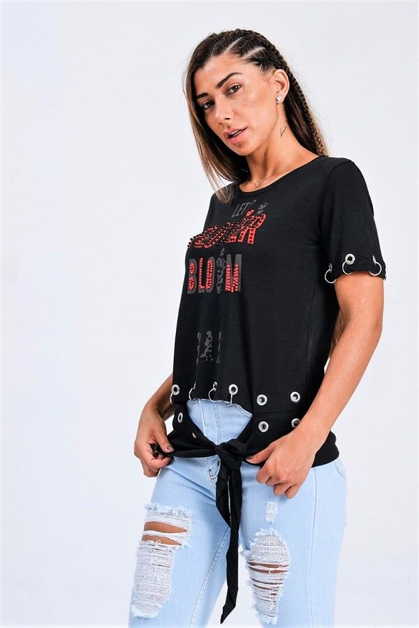 Siyah Kuş Gözü Detaylı Önden Bağlamalı Yazılı Taşlı T-Shirt