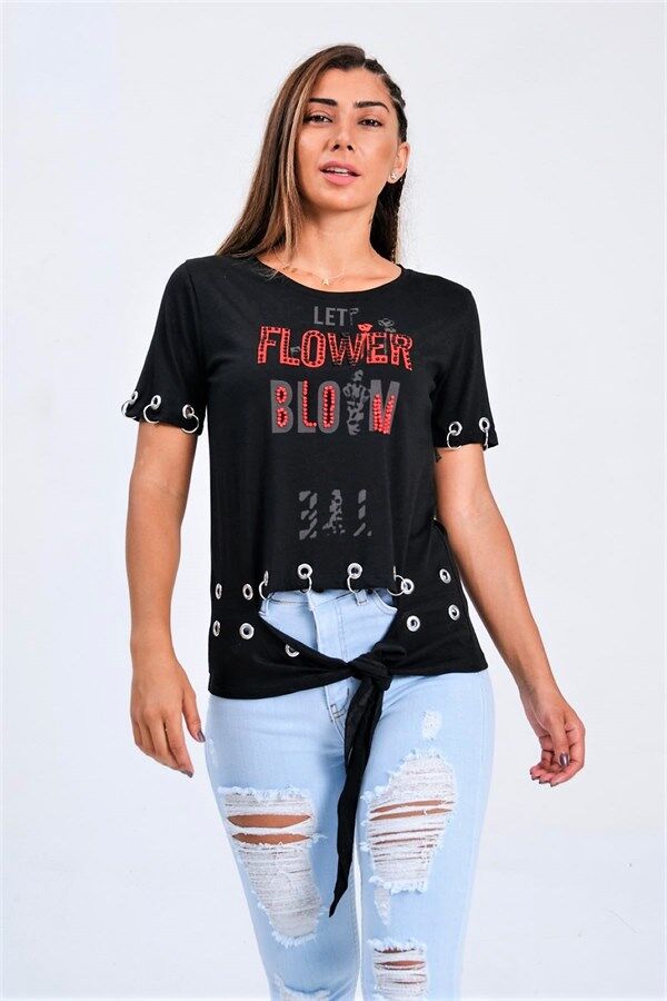 Siyah Kuş Gözü Detaylı Önden Bağlamalı Yazılı Taşlı T-Shirt
