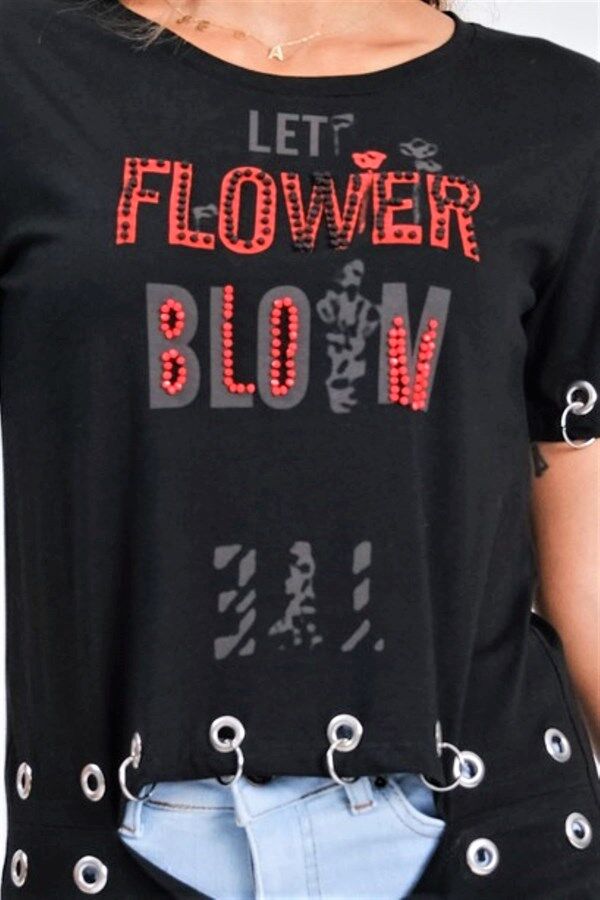 Siyah Kuş Gözü Detaylı Önden Bağlamalı Yazılı Taşlı T-Shirt