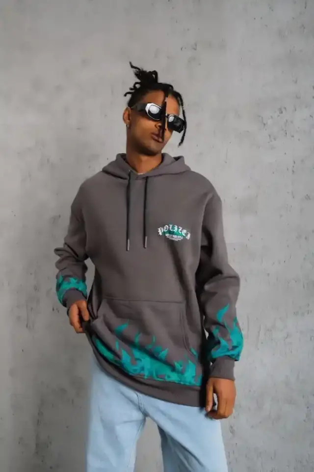 Erkek 3 iplik Pamuklu Alev Baskılı Kapüşonlu hoodie Sweatshirt - Gri