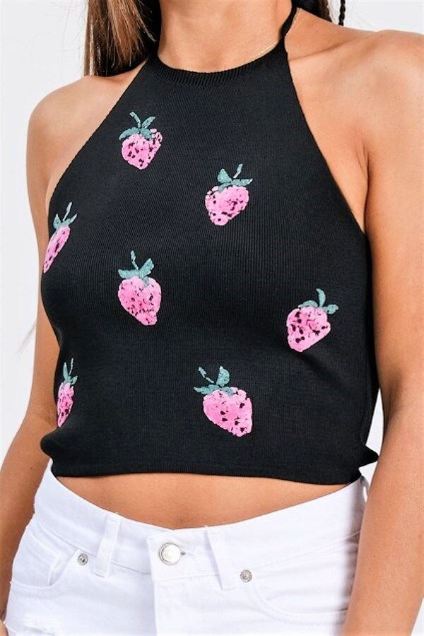 Siyah Çilek Kabartma Baskı Boyundan Bağlamalı Crop Örme Bluz