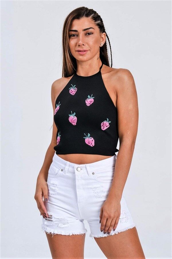 Siyah Çilek Kabartma Baskı Boyundan Bağlamalı Crop Örme Bluz