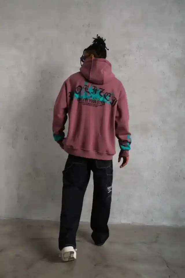 Erkek 3 İplik içi Pamuklu Alev Baskılı Kapüşonlu hoodie Sweatshirt - Gül Kurusu
