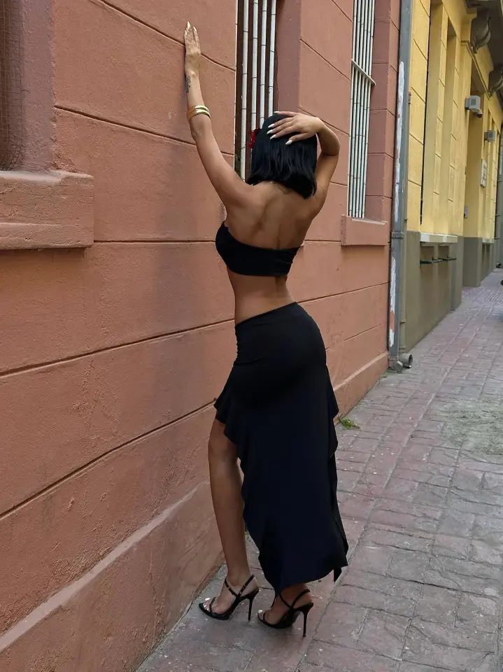 Asimetrik Etek Crop Takım Siyah