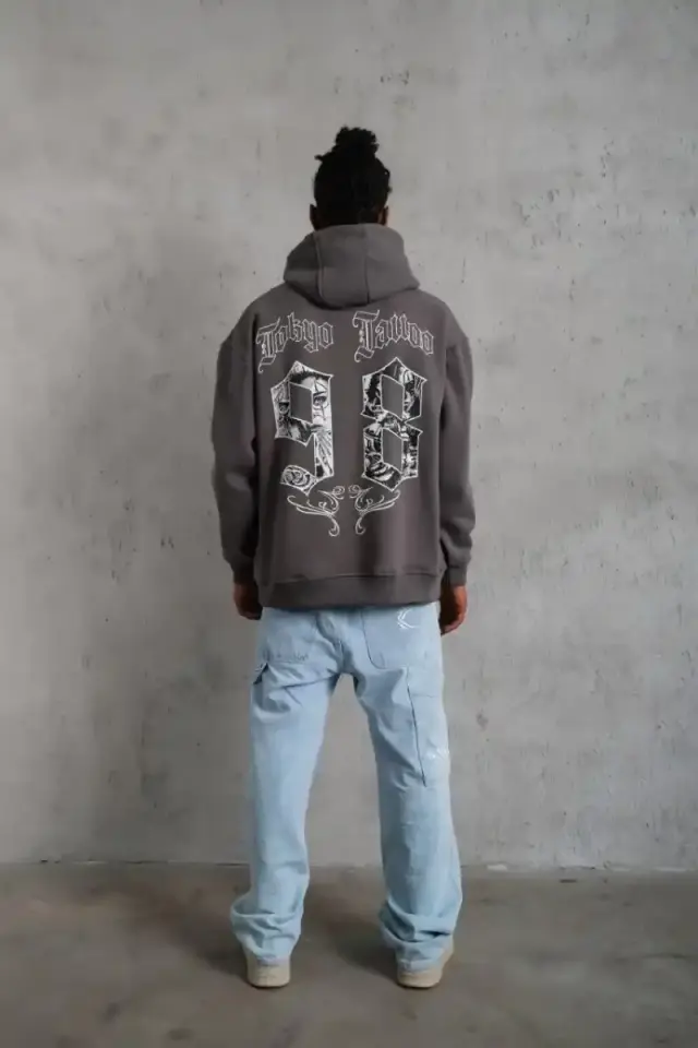 Erkek 3 İplik Pamuklu Kapüşonlu Baskılı Cepli Oversize Sweatshirt Hoodie - Gri