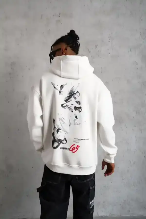 Erkek 3 İplik Pamuklu Kapüşonlu Baskılı Cepli Oversize Sweatshirt Hoodie - Beyaz