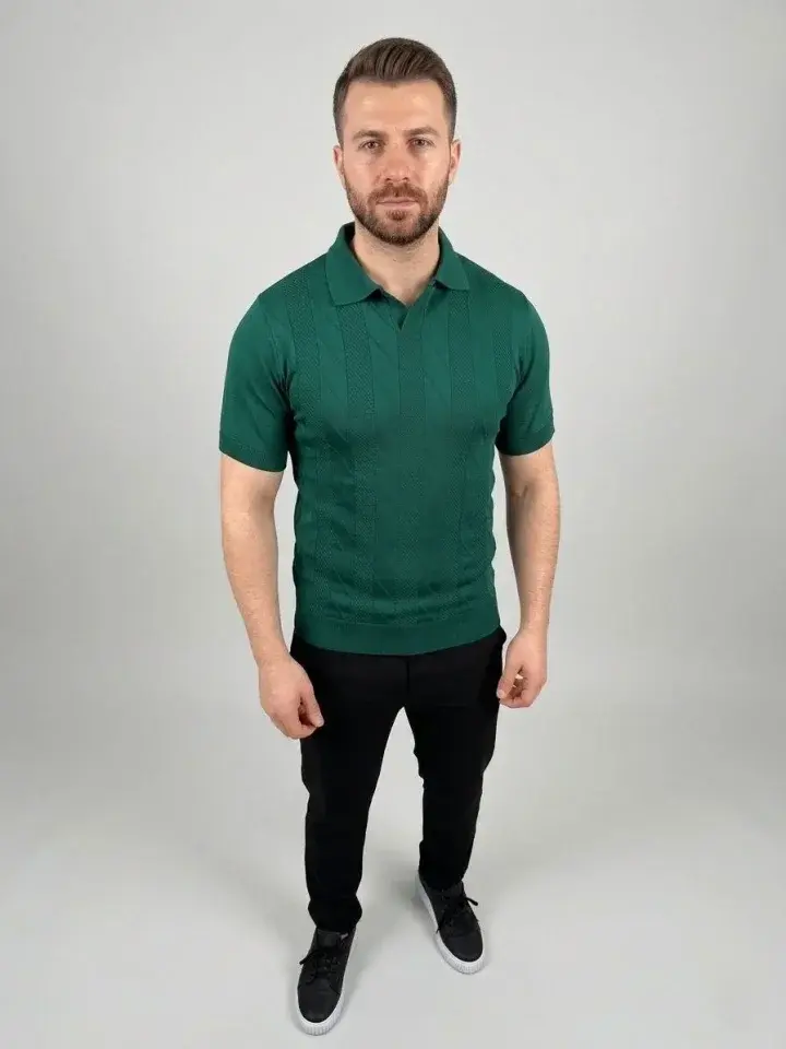 Erkek Yazlık Triko Dokuma Tişört Kısa Kol Polo Yaka T-Shirt - Koyu Yeşil