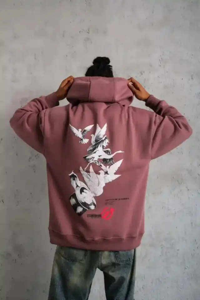 Erkek 3 İplik Pamuklu Kapüşonlu Baskılı Cepli Oversize Sweatshirt Hoodie - Gül Kurusu