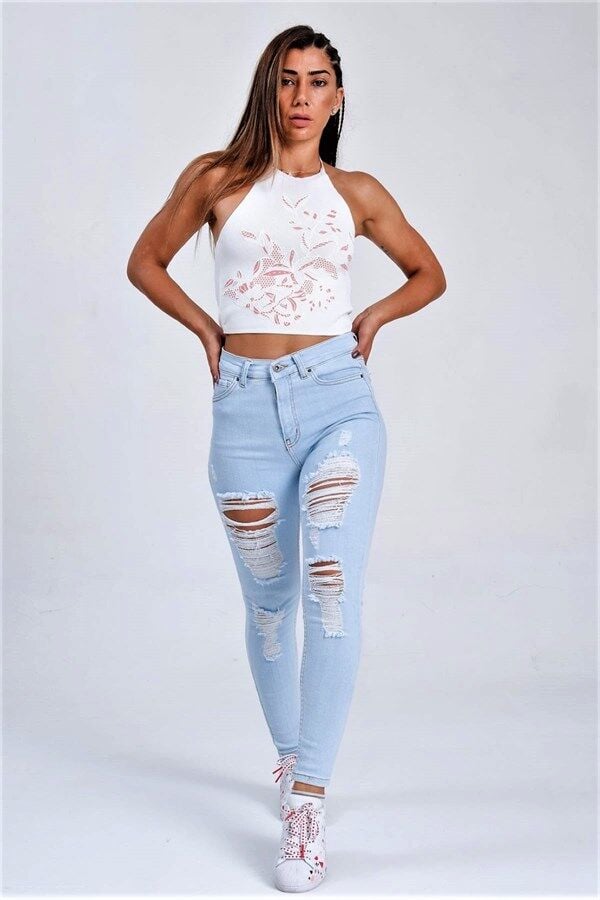 Mavi Yırtık Detaylı Skinny Jeans