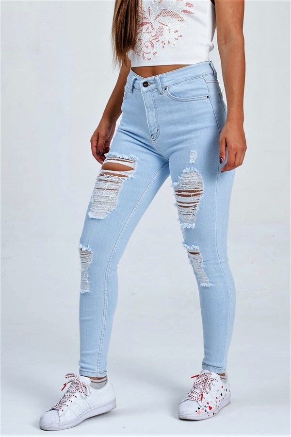 Mavi Yırtık Detaylı Skinny Jeans