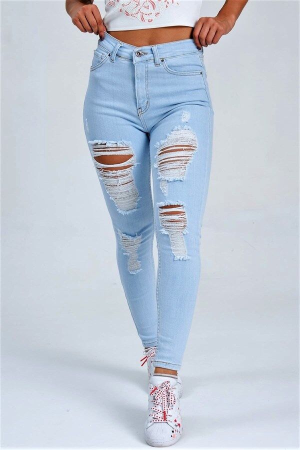 Mavi Yırtık Detaylı Skinny Jeans
