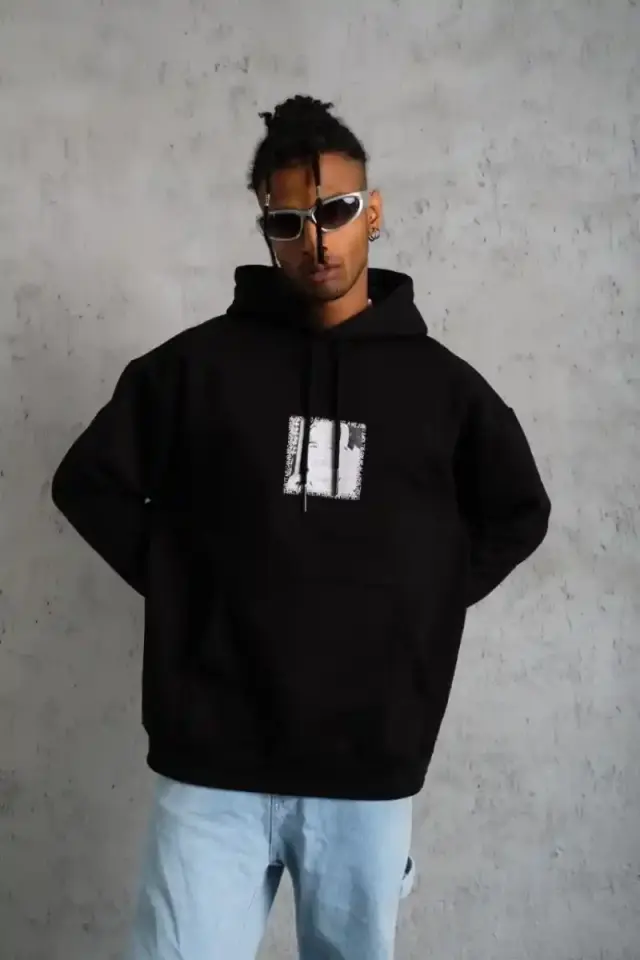 Erkek 3 İplik Pamuklu Kapüşonlu Baskılı Cepli Oversize Sweatshirt Hoodie - Siyah