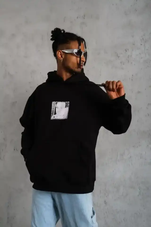 Erkek 3 İplik Pamuklu Kapüşonlu Baskılı Cepli Oversize Sweatshirt Hoodie - Siyah