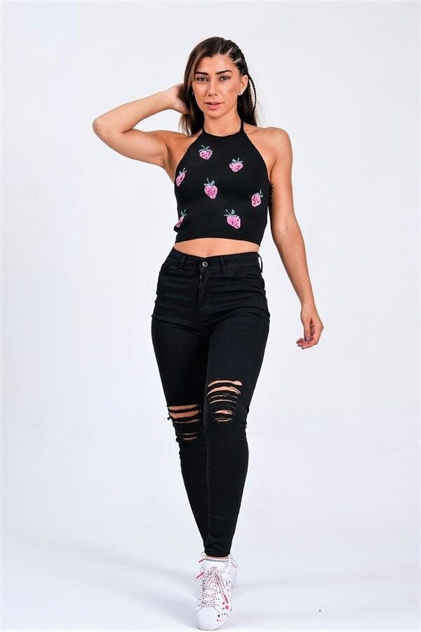 Siyah Yırtık Detaylı Skinny Jeans