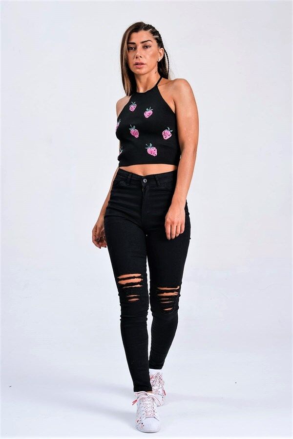 Siyah Yırtık Detaylı Skinny Jeans