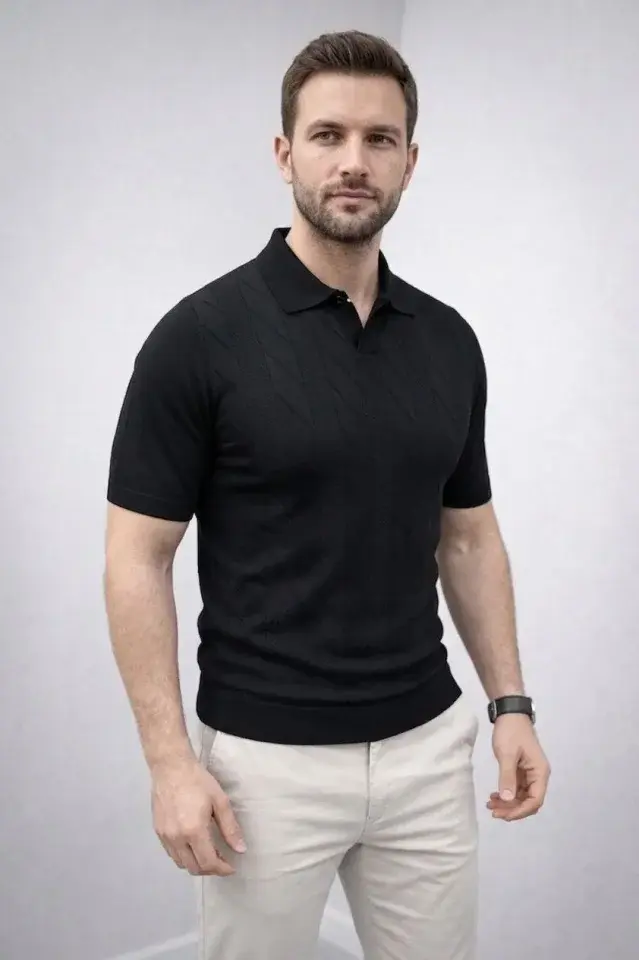Erkek Yazlık Triko Dokuma Tişört Kısa Kol Polo Yaka T-Shirt - Siyah